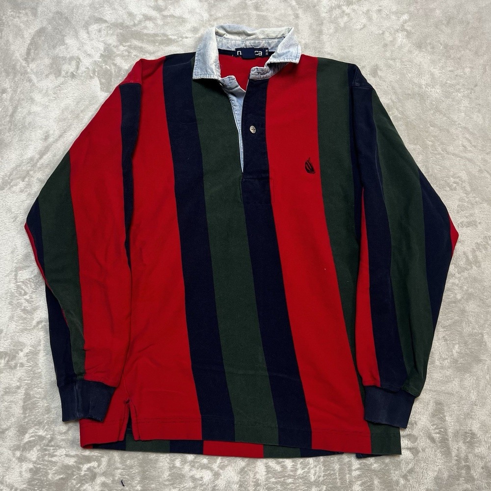 Vintage Nautica Rugby Shirt Mens Sz M Long Sleeve Vertical Striped Denim Collar